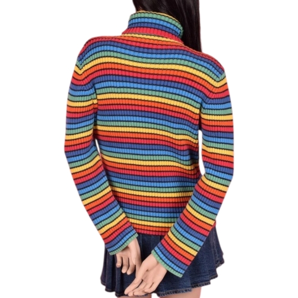 Vintage Tommy Hilfiger Ribbed Turtleneck Sweater Rainbow Stripe Black Size L π - Picture 5 of 8
